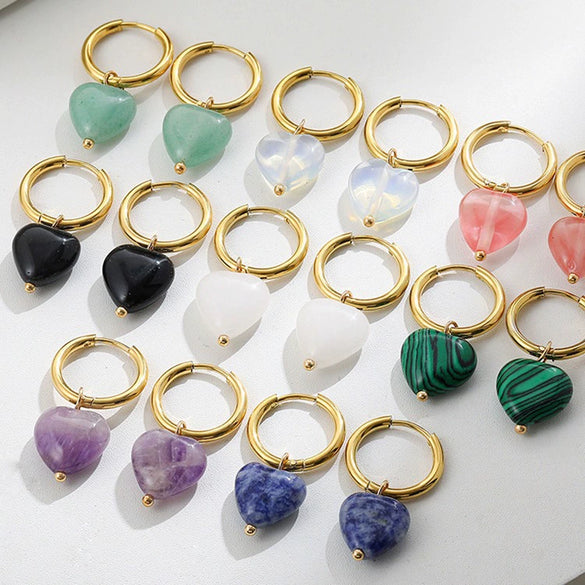Wholesale Simple Light Luxury Heart Pendant Earrings Copper Electroplated Natural Stone Jewelry