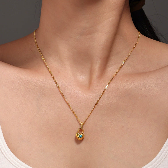 Wholesale Simple Love Lock Pendant Collarbone Stacked Necklace For Women Stainless Steel Blue Turquoise With Geometric Heart Pattern 18K Gold Plated