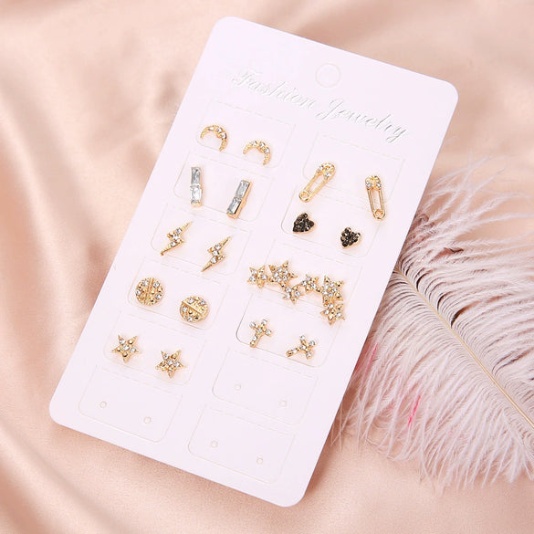 Wholesale Simple Love Star Moon Cross 9 Piece Set Earrings Metal Electroplated Heart Shaped Jewelry