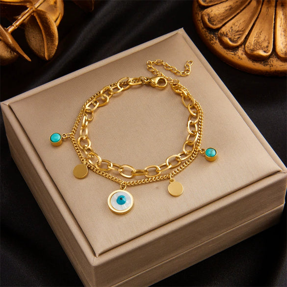 Wholesale Simple Multi Layer Chain Love Circle Smiley Face Butterfly Eye Pendant Titanium Steel Bracelet With Electroplating For Women