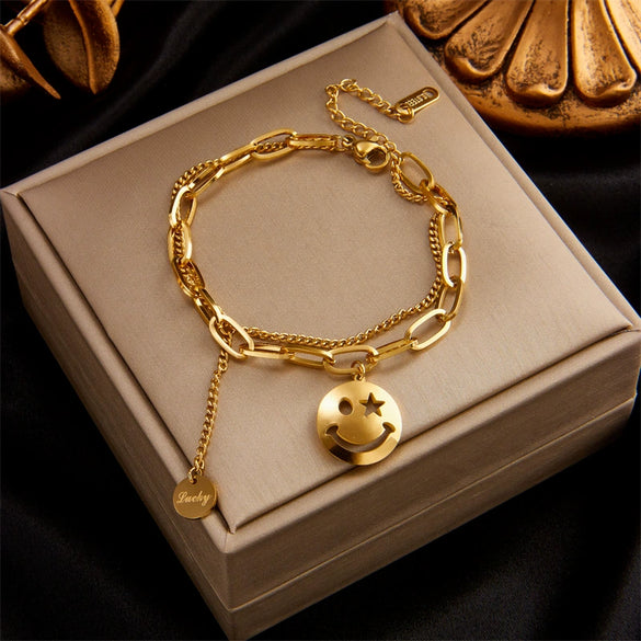 Wholesale Simple Multi Layer Chain Love Circle Smiley Face Butterfly Eye Pendant Titanium Steel Bracelet With Electroplating For Women