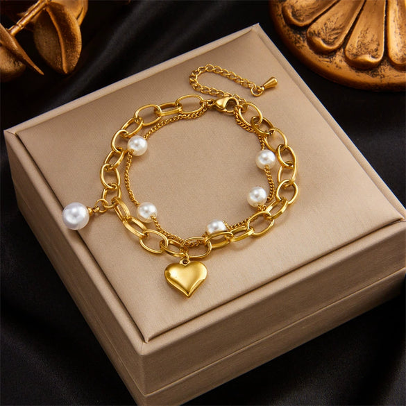 Wholesale Simple Multi Layer Chain Love Circle Smiley Face Butterfly Eye Pendant Titanium Steel Bracelet With Electroplating For Women
