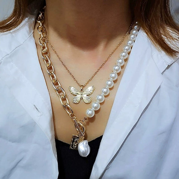 Wholesale Simple Multilayer Metal Chain Imitation Baroque Pearl Alloy Pendant Necklace With Geometric Pattern And Electroplating For Women
