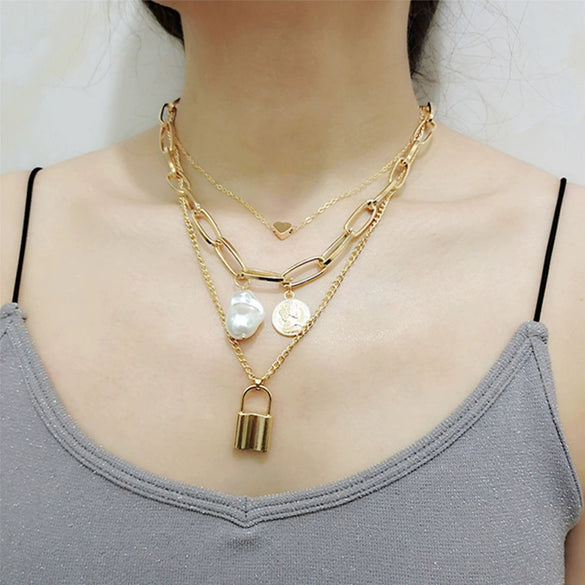 Wholesale Simple Multilayer Metal Chain Imitation Baroque Pearl Alloy Pendant Necklace With Geometric Pattern And Electroplating For Women
