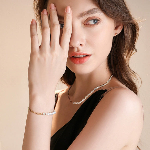 Wholesale Simple Natural S925 Sterling Silver Baroque Pearl Paper Chain Splicing Electroplated Bracelet For Women