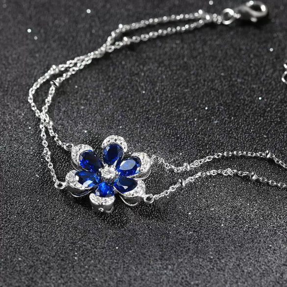 Wholesale Simple Natural Style Women's S925 Sterling Silver Artificial Sapphire Zircon Flower Doublelayer Bracelet Electroplated