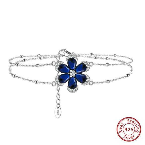 Wholesale Simple Natural Style Women's S925 Sterling Silver Artificial Sapphire Zircon Flower Doublelayer Bracelet Electroplated