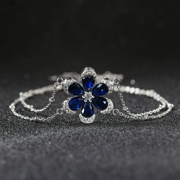 Wholesale Simple Natural Style Women's S925 Sterling Silver Artificial Sapphire Zircon Flower Doublelayer Bracelet Electroplated