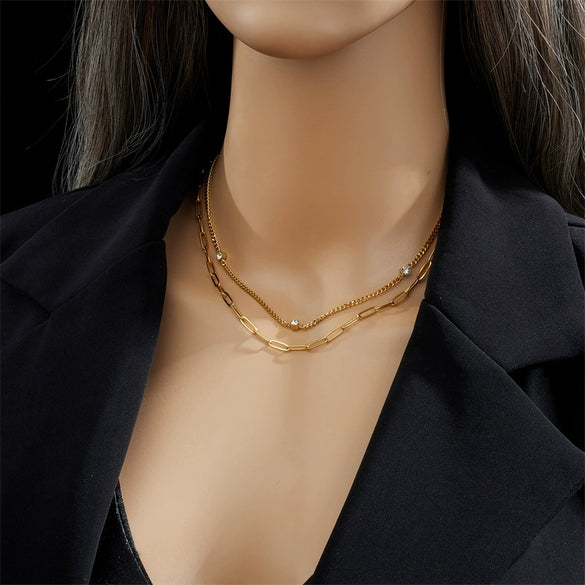 Wholesale Simple Niche Double Layer Diamond Chain Titanium Steel Hip Hop Punk Geometric Necklace With Electroplating