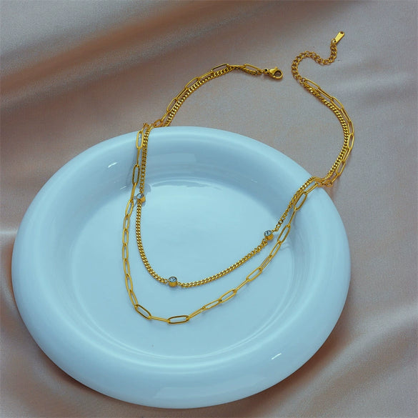 Wholesale Simple Niche Double Layer Diamond Chain Titanium Steel Hip Hop Punk Geometric Necklace With Electroplating