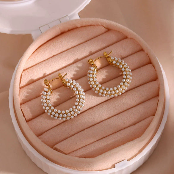 Wholesale Simple Niche Light Luxury Stainless Steel 18K Gold Plated Full Pearl Earrings For Women With Geometric Design And Electroplating Process