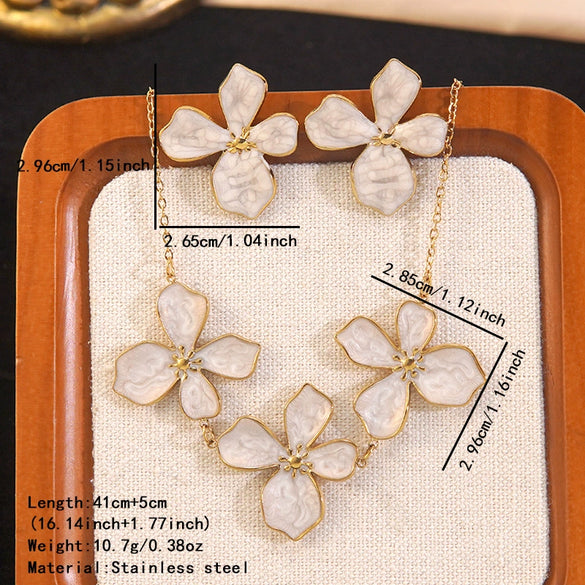 Wholesale Simple Plants And Flowers Dripping Oil Stainless Steel Flower Necklace And Earrings Set For Women