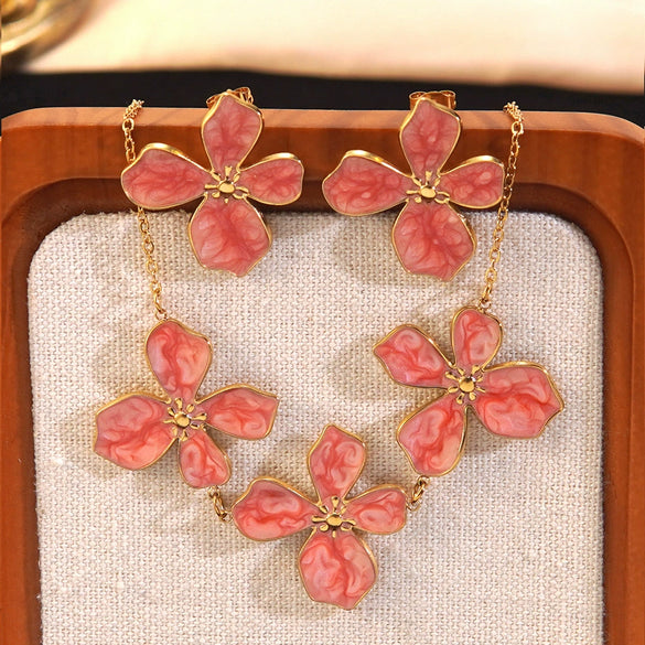 Wholesale Simple Plants And Flowers Style Dripping Oil Stainless Steel Flower Necklace And Earrings Set Jewelry Accessories For Women