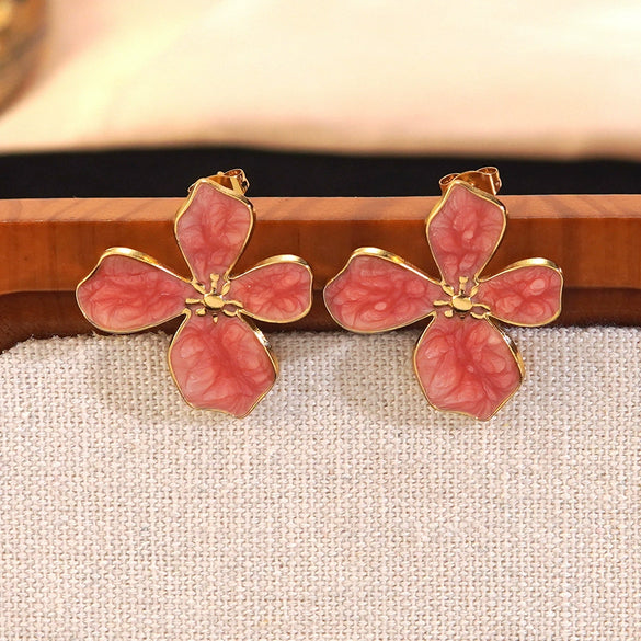 Wholesale Simple Plants And Flowers Style Dripping Oil Stainless Steel Flower Necklace And Earrings Set Jewelry Accessories For Women