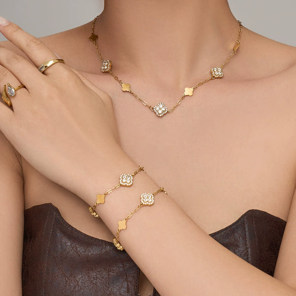Wholesale Simple Plants Flowers Stainless Steel Jewelry Set With Pvd Real Gold Plated For Women