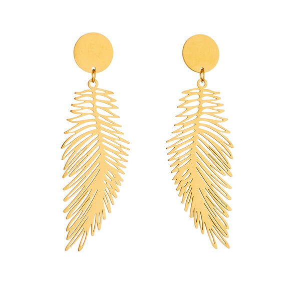 Wholesale Simple Retro Cold Style Titanium Steel Long Exaggerated Feather Pendant Earrings With Geometric Pattern And Electroplating Treatment