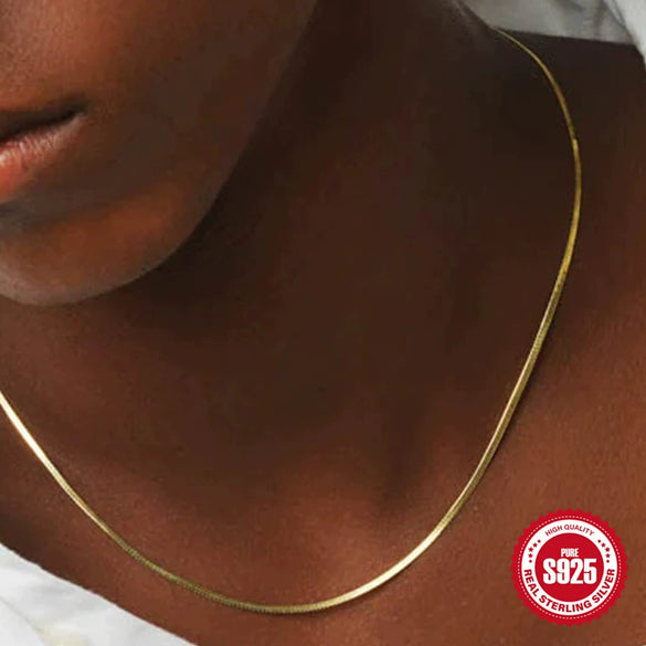 Wholesale Simple S925 Sterling Silver Flat Snake Chain Necklace With Geometric Pattern For Women Electroplated
