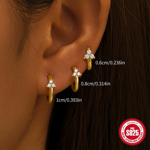 Wholesale Simple S925 Sterling Silver Geometric Triple Diamond Perforated Women's Earrings With Electroplating
