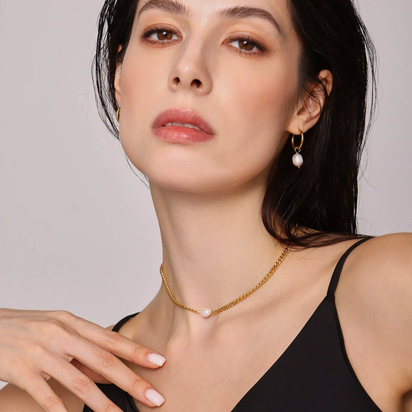 Wholesale Simple Single Pearl Titanium Steel Necklace And Earrings Set With 18K Gold Plating For Women