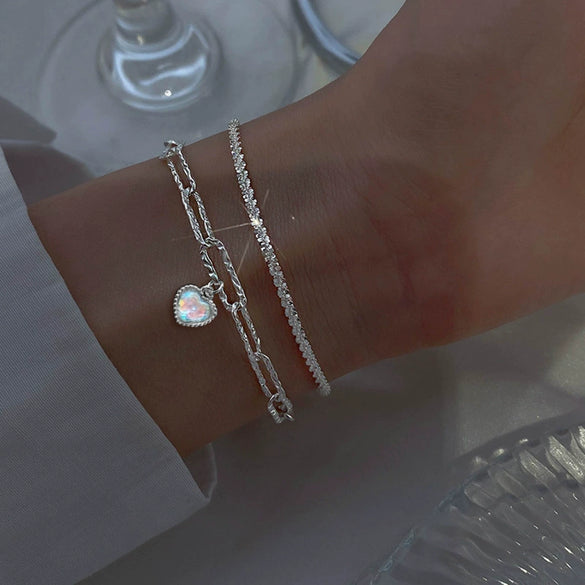 Wholesale Simple Sparkling Love Zircon Heart Pendant Bracelet Set In Alloy With Electroplating For Women