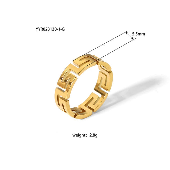Wholesale Simple Stainless Steel Geometric Hollow Finger Ring With Great Wall Pattern Vacuum Real Gold Electroplated In Pvd Furnace Unisex
