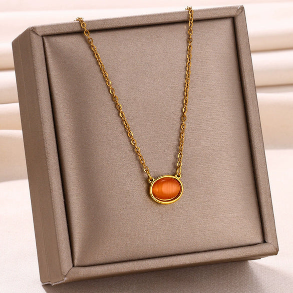 Wholesale Simple Stainless Steel Geometric Opal Oval Women's Clavicle Necklace With Electroplating