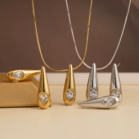 Wholesale Simple Stereo Water Drop Heart Bell Pattern Stainless Steel Titanium Steel Snake Bone Chain Necklace Earrings Set With Electroplating