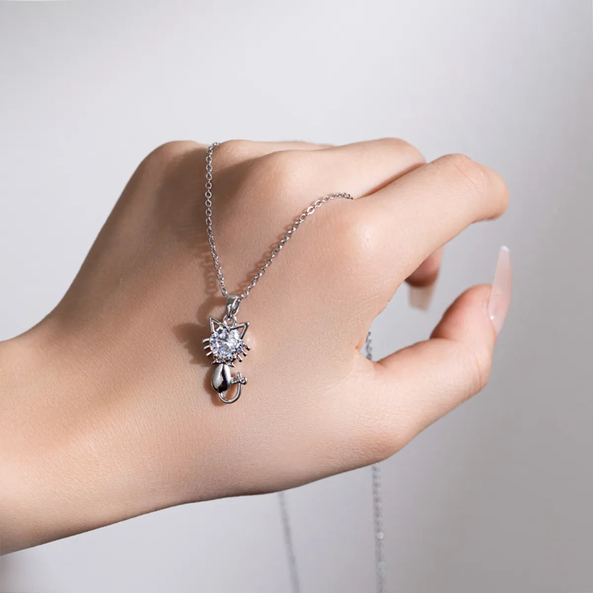 Wholesale Simple Style Cat Titanium Steel Plating Inlay Silver Plated Zircon Pendant Necklace