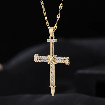 Wholesale Simple Style Classic Style Cross Titanium Steel Inlay Rhinestones Pendant Necklace