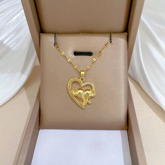 Wholesale Simple Style Classic Style Heart Shape Elephant Titanium Steel Copper Hollow Out Inlay Zircon Pendant Necklace