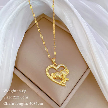 Wholesale Simple Style Classic Style Heart Shape Elephant Titanium Steel Copper Hollow Out Inlay Zircon Pendant Necklace