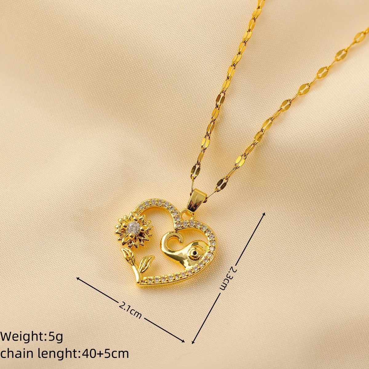 Wholesale Simple Style Classic Style Heart Shape Flower Elephant Copper Plating Inlay 18K Gold Plated Zircon Pendant Necklace