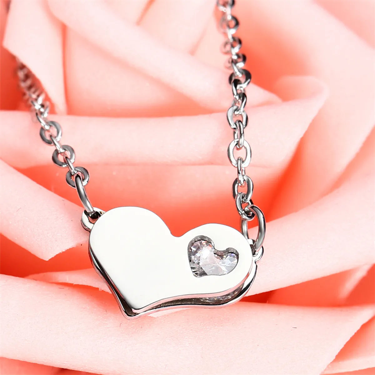 Wholesale Simple Style Commute Heart Shape Stainless Steel Titanium Steel Inlay Zircon Jewelry Set