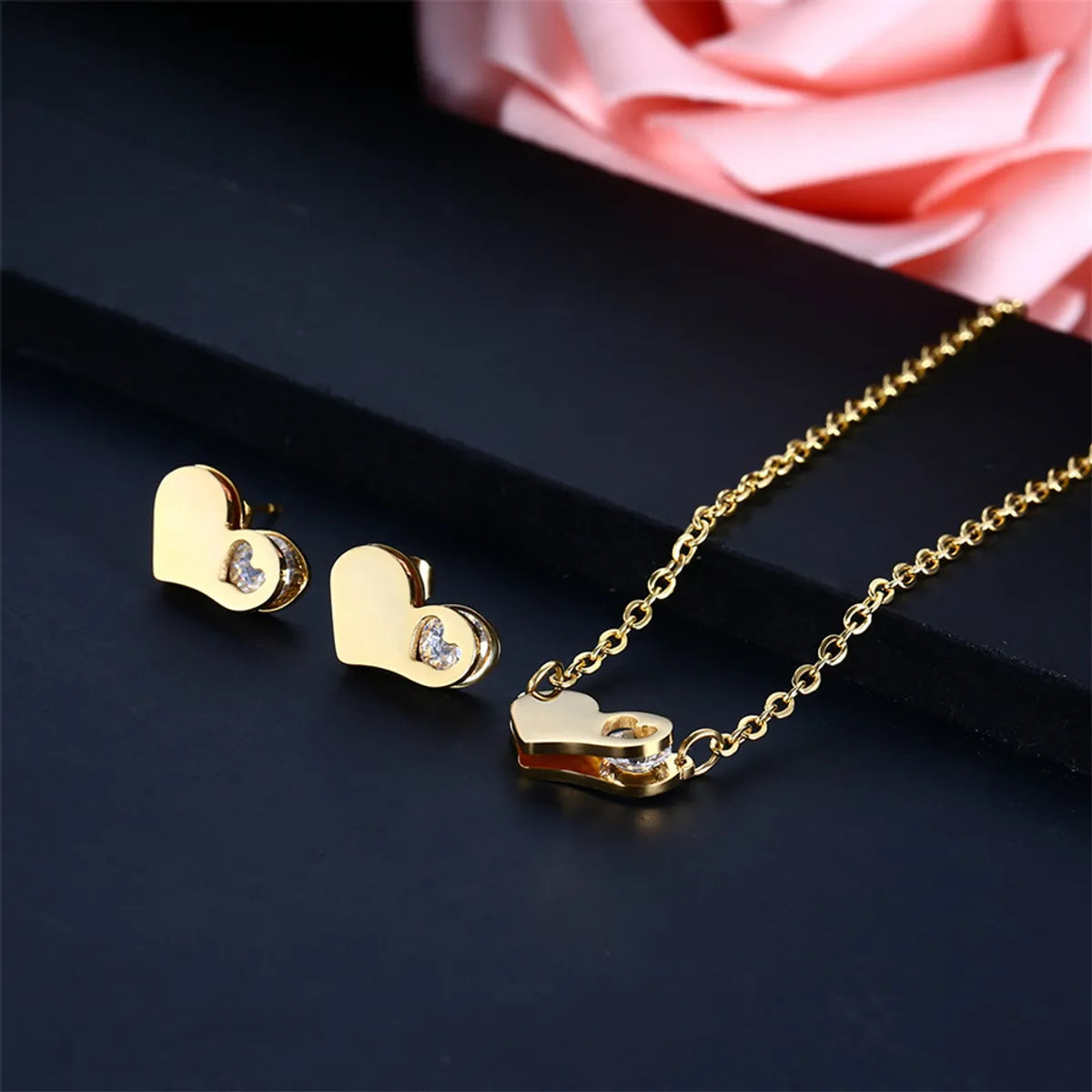 Wholesale Simple Style Commute Heart Shape Stainless Steel Titanium Steel Inlay Zircon Jewelry Set