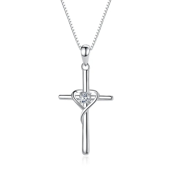 Wholesale Simple Style Cross Heart Shape Sterling Silver Zircon Pendant Necklace