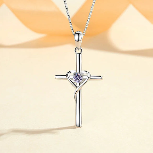 Wholesale Simple Style Cross Heart Shape Sterling Silver Zircon Pendant Necklace
