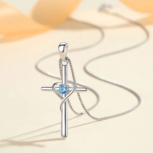 Wholesale Simple Style Cross Heart Shape Sterling Silver Zircon Pendant Necklace