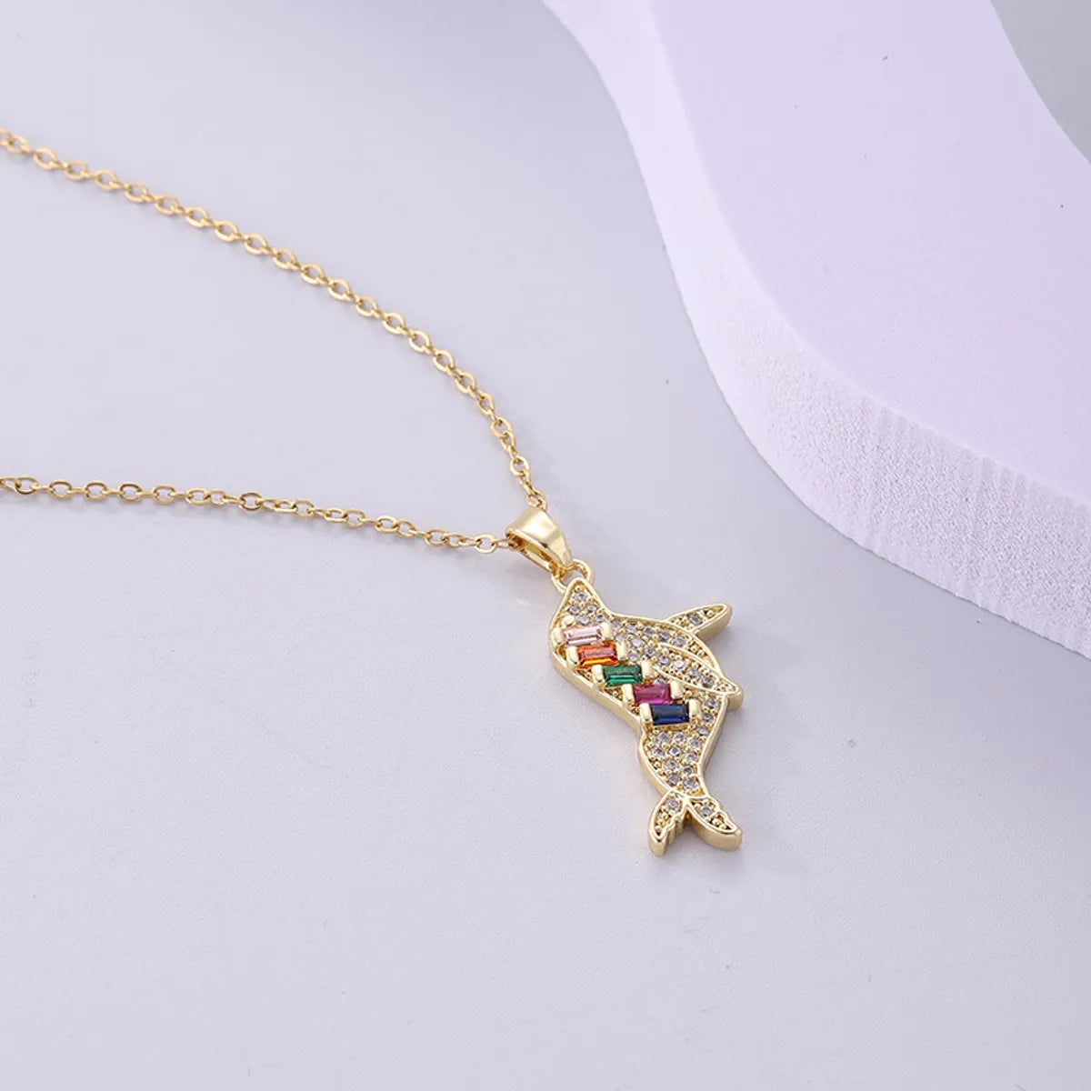 Wholesale Simple Style Dolphin Stainless Steel Plating Inlay 18k Gold Plated Zircon Pendant Necklace