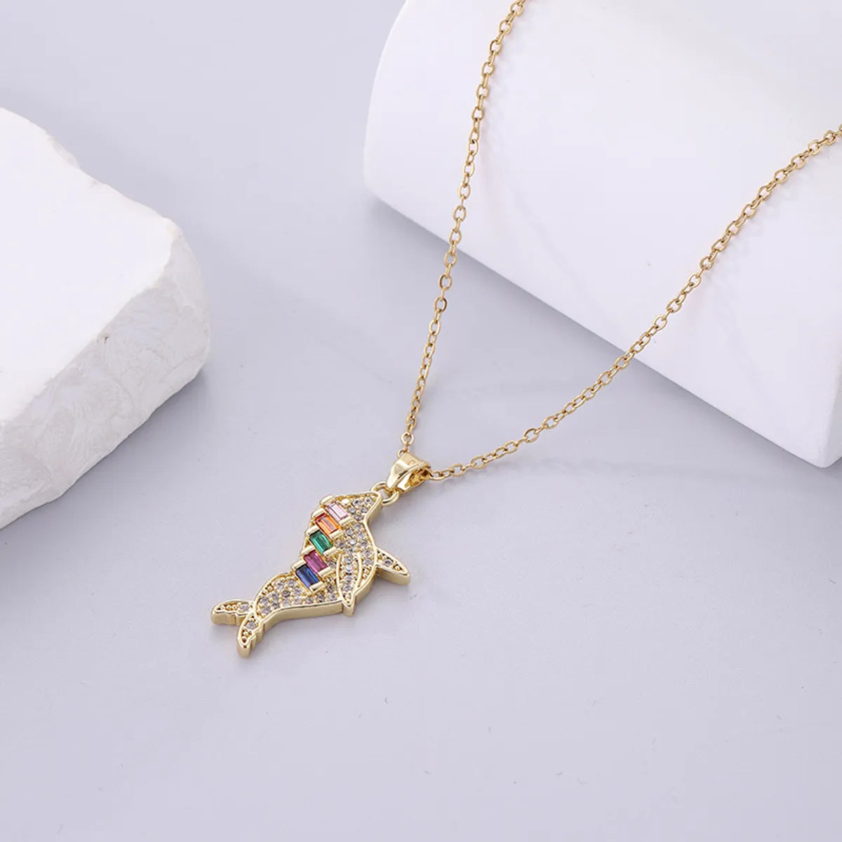 Wholesale Simple Style Dolphin Stainless Steel Plating Inlay 18k Gold Plated Zircon Pendant Necklace