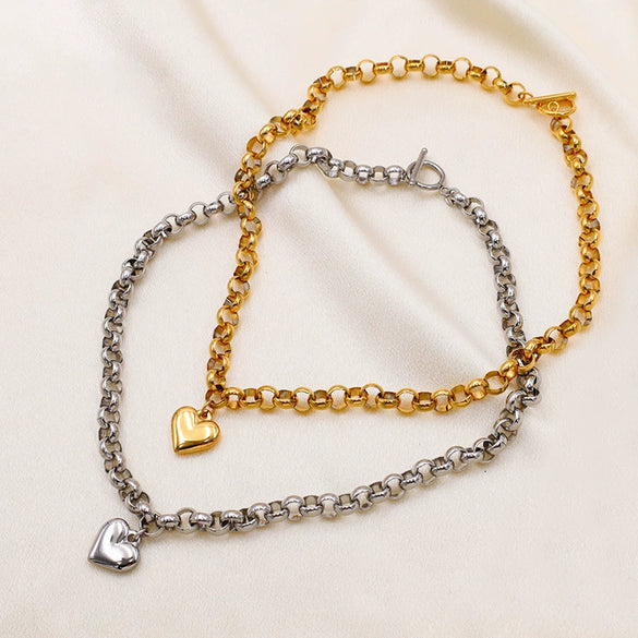 Wholesale Simple Style Electroplated Heart Shape Stainless Steel Pendant Necklace And Bracelet Set For Women