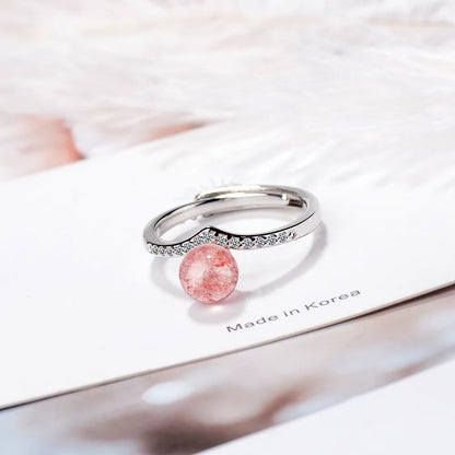 Wholesale Simple Style Geometric Copper Inlay White Gold Plated Strawberry Quartz Adjustable Ring