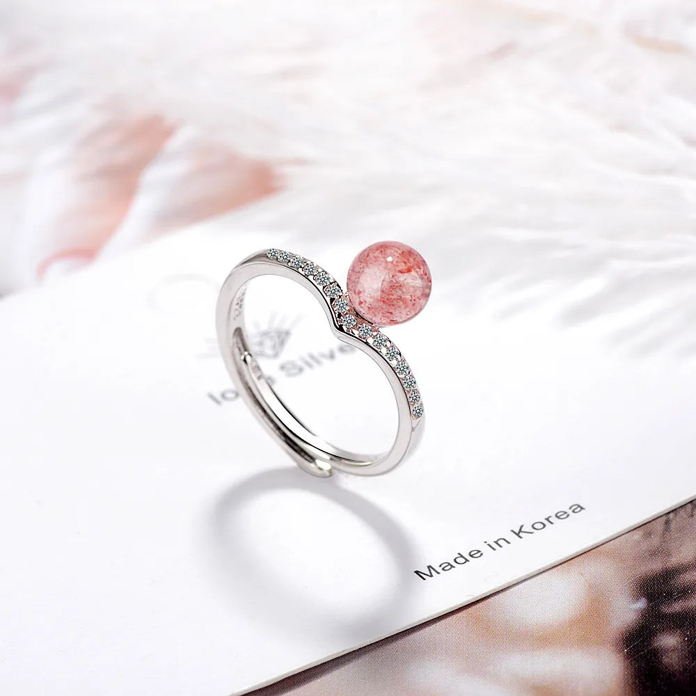 Wholesale Simple Style Geometric Copper Inlay White Gold Plated Strawberry Quartz Adjustable Ring