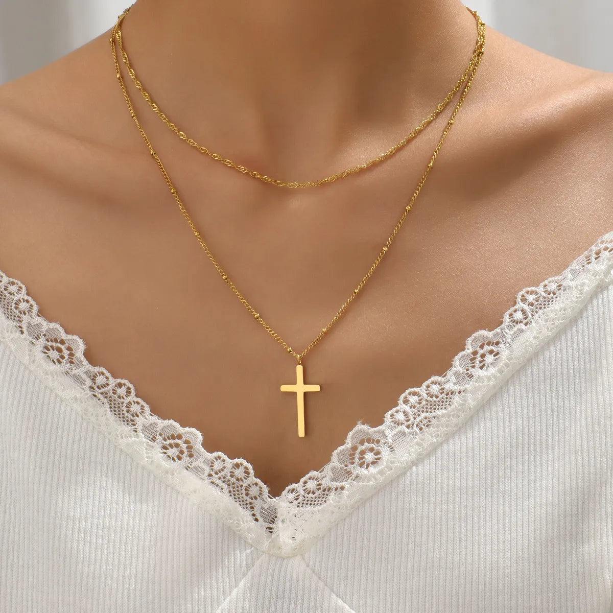 Simple Style Geometric Cross Titanium Steel Layered Plating 18k Gold Plated Double Layer Necklaces