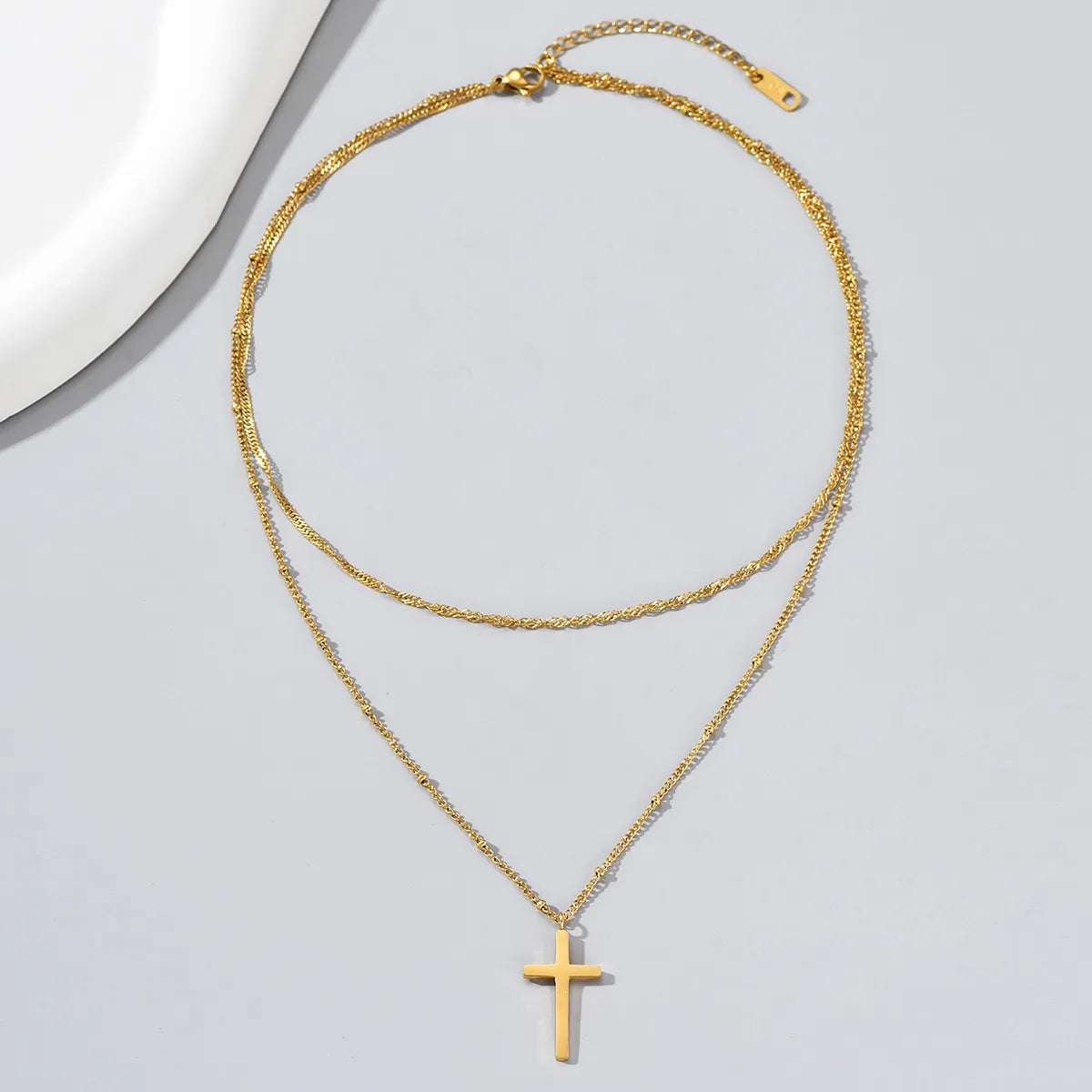 Simple Style Geometric Cross Titanium Steel Layered Plating 18k Gold Plated Double Layer Necklaces