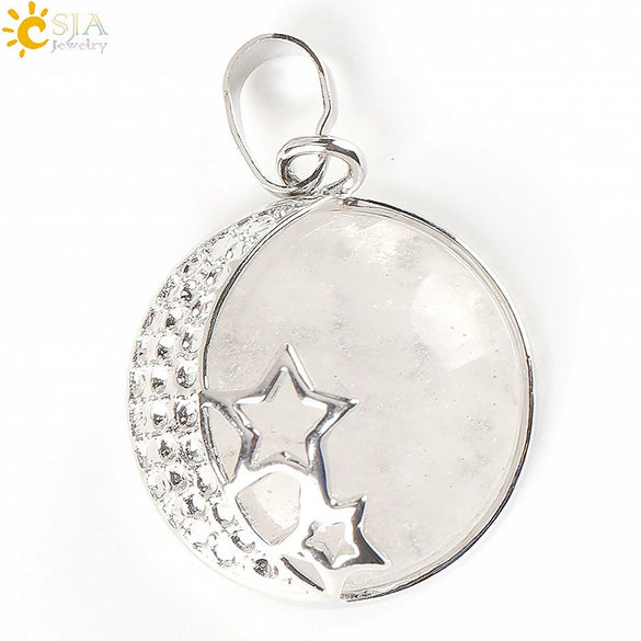 Wholesale Simple Style Natural Semiprecious Stone And Copper Accessories Pendant Necklace With Hollow Back Round Moon Star Design For Women