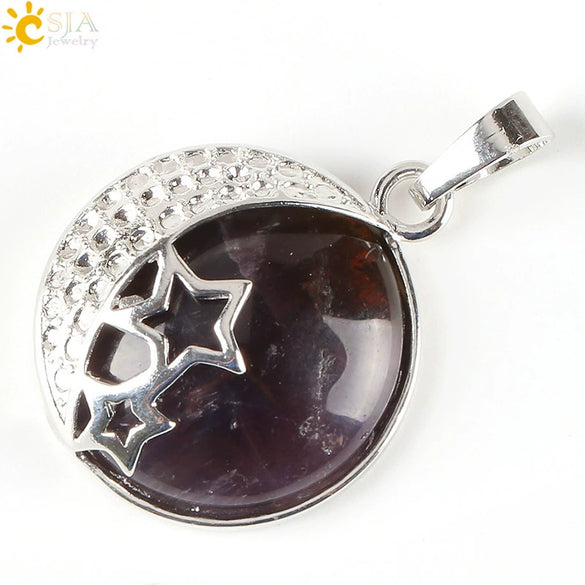 Wholesale Simple Style Natural Semiprecious Stone And Copper Accessories Pendant Necklace With Hollow Back Round Moon Star Design For Women