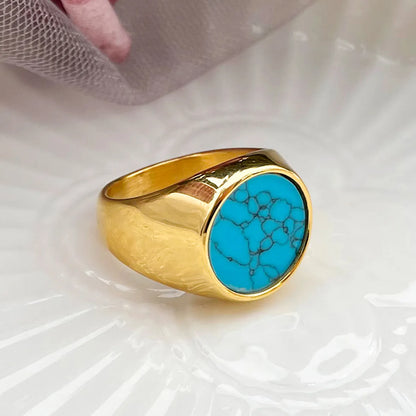 304 Stainless Steel Gold Plated Simple Style Roman Style Commute Plating Inlay Round Turquoise Rings