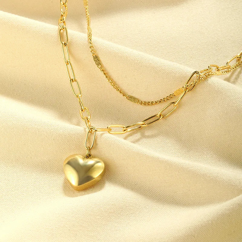 Stainless Steel Simple Style Shiny Polishing Plating Heart Shape Double Layer Necklaces