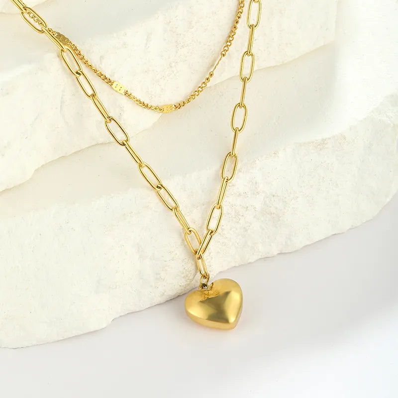 Stainless Steel Simple Style Shiny Polishing Plating Heart Shape Double Layer Necklaces