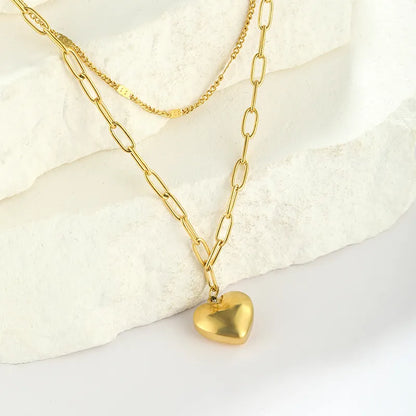 Stainless Steel Simple Style Shiny Polishing Plating Heart Shape Double Layer Necklaces